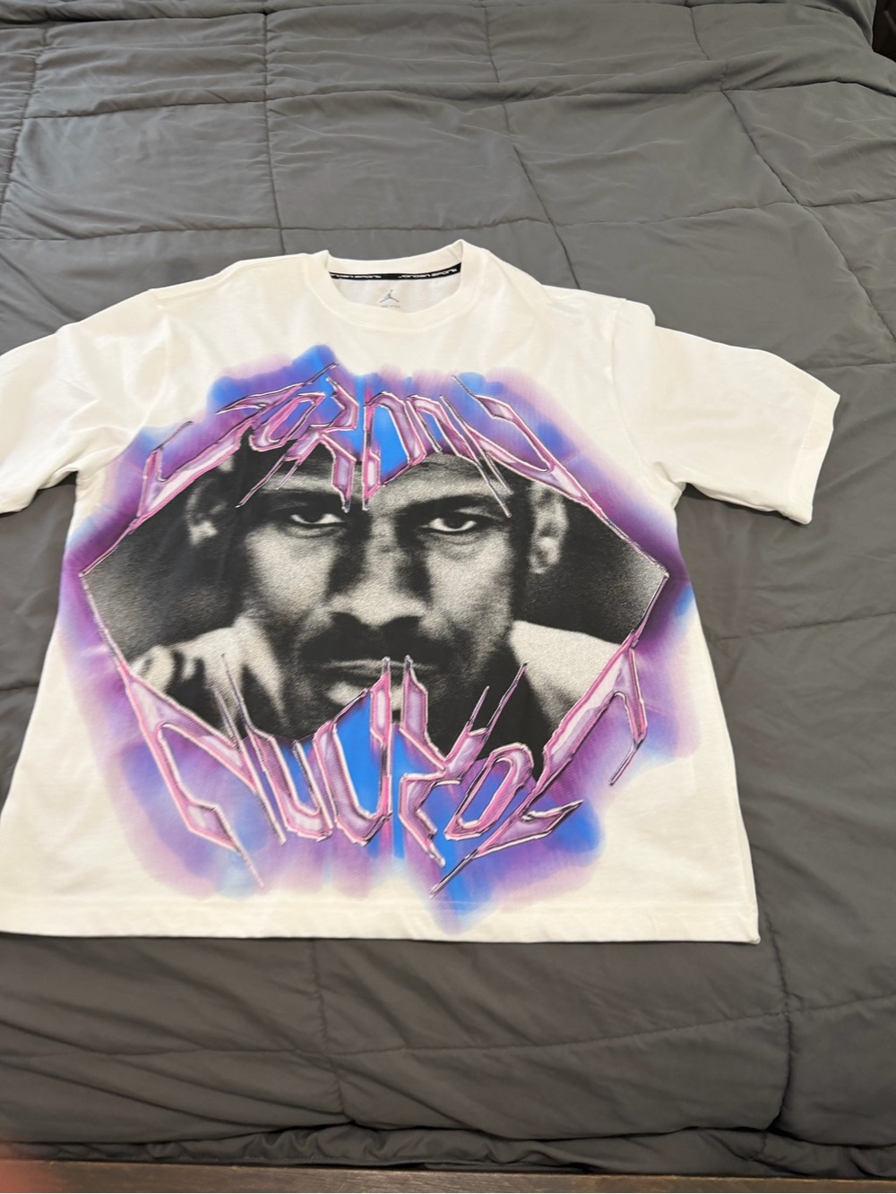 Jordan White Long-Sleeve Tee with Black Face Graphic and Purple/Blue Airbrush